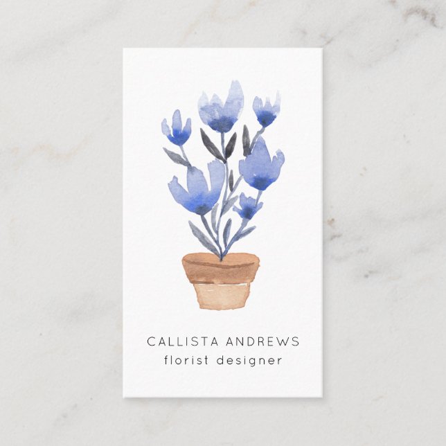 Modern Cute Blue Potted Flower Florist Designer Business Card (Front)