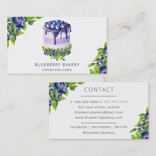 Modern Cute Blueberry Cake Bakery Pastry Chef Business Card (Front/Back)