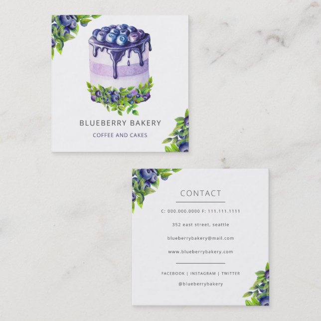Modern Cute Blueberry Cake Bakery Pastry Chef Square Business Card (Front/Back)