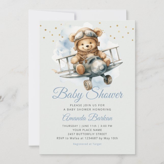 Modern Cute Boho Blue teddy bear boy baby shower Invitation (Front)