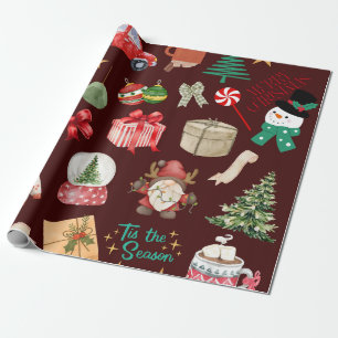 Modern cute burgundy Christmas pattern trees Wrapping Paper