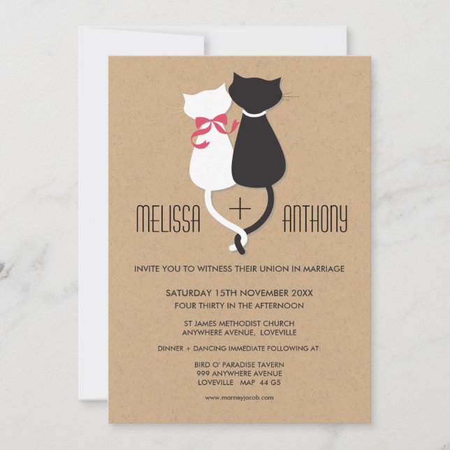 Modern Cute Cat Couple Monogram Wedding Invite (Front)