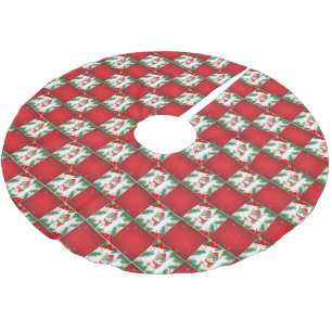 Modern Cute cat Santa Xmas Holly chequered Pattern Brushed Polyester Tree Skirt