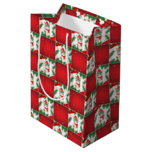Modern Cute cat Santa Xmas Holly chequered Pattern Medium Gift Bag