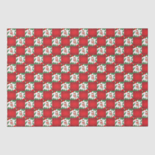 Modern Cute cat Santa Xmas Holly chequered Pattern Tissue Paper