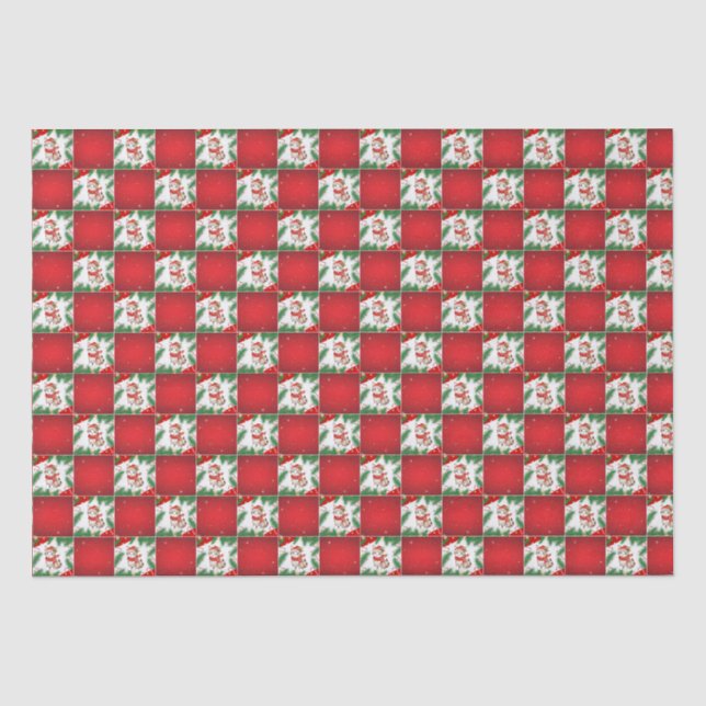 Modern Cute cat Santa Xmas Holly chequered Pattern Tissue Paper (Front)