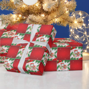 Modern Cute cat Santa Xmas Holly chequered Pattern Wrapping Paper