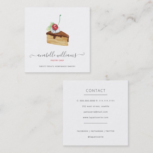 Modern Cute Chocolate Cake Bakery Pastry Chef Square Business Card (Front/Back)