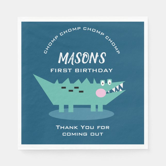 Modern Cute Chomping Alligator Safari Birthday  Napkin (Front)