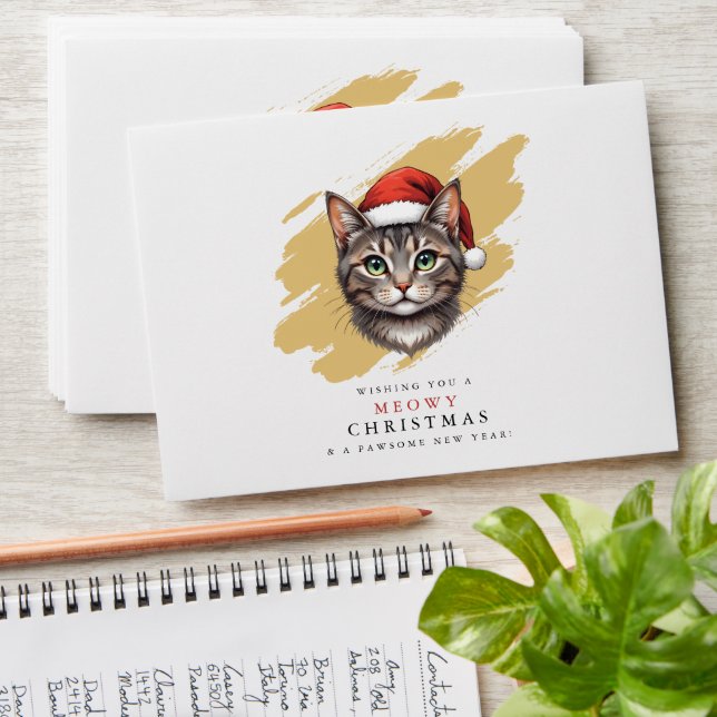 Modern Cute Christmas Cat with Santa Hat Envelope (Stacked)
