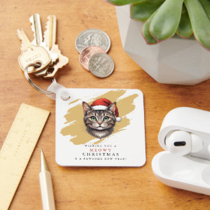 Modern Cute Christmas Cat with Santa Hat Key Ring
