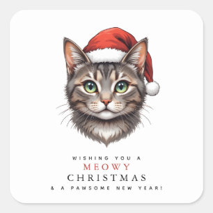 Modern Cute Christmas Cat with Santa Hat Square Sticker