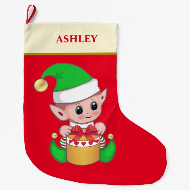 Modern cute Christmas elf & gift box on red Large Christmas Stocking (Front)