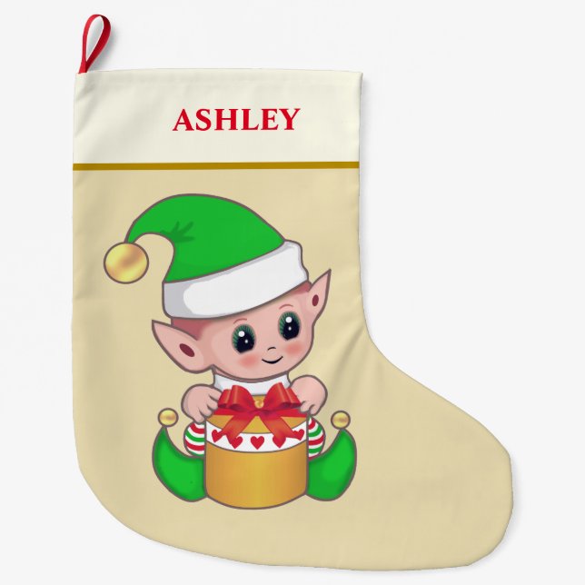 Modern cute Christmas elf & gift box on sand beige Large Christmas Stocking (Front)