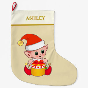 Modern cute Christmas elf on sand beige Large Christmas Stocking