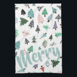 Modern cute Christmas tree pattern Merry script Tea Towel<br><div class="desc">Modern cute Christmas tree pattern Merry script with hand drawn cute pastel Xmas trees</div>