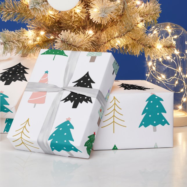 Modern cute Christmas trees pattern white green Wrapping Paper (Holidays)