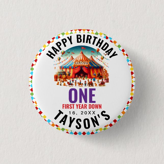 Modern Cute Circus Carnival 1st Birthday 3 Cm Round Badge (Front)