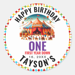 Modern Cute Circus Carnival 1st Birthday Classic Round Sticker
