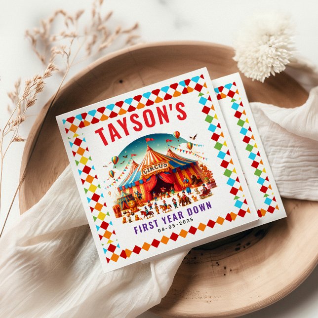 Modern Cute Circus Carnival 1st Birthday Napkin (Creator Uploaded)