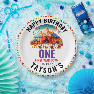 Modern Cute Circus Carnival 1st Birthday Paper Plate