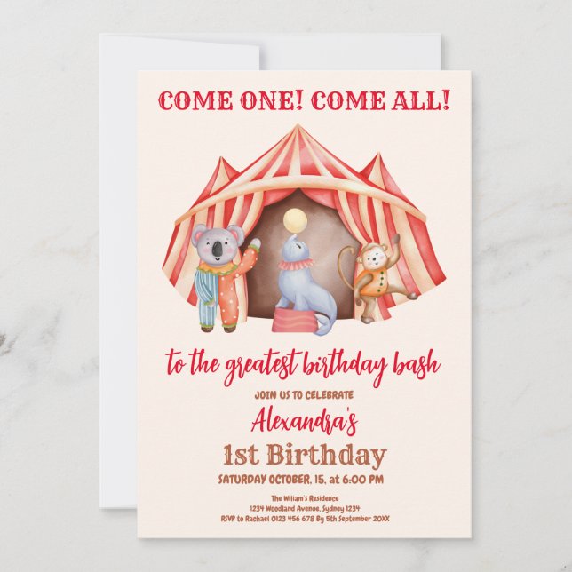 Modern Cute Circus Carnival Festival 1st Birthday Invitation (Front)