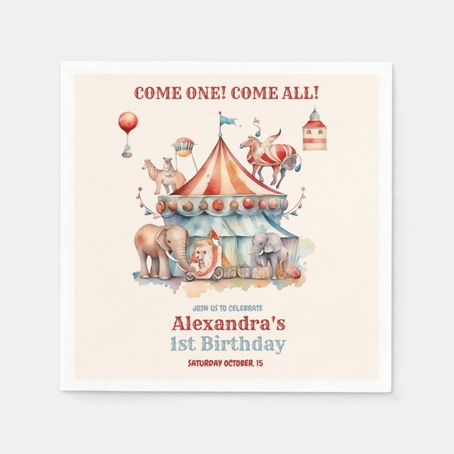 Modern Cute Circus Carnival Festival 1st Birthday Napkin (Front)