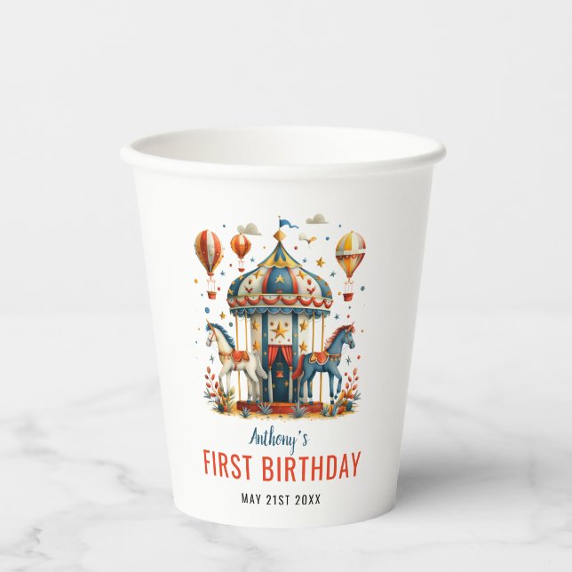 Modern Cute Circus Carnival Festival 1st Birthday  Paper Cups (Front)