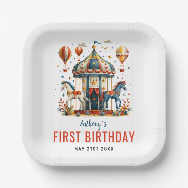 Modern Cute Circus Carnival Festival 1st Birthday  Paper Plate (Front)