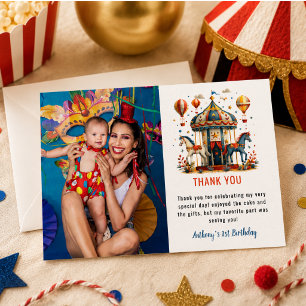 Modern Cute Circus Carnival Festival 1st Birthday Thank You Card