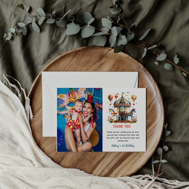 Modern Cute Circus Carnival Festival 1st Birthday Thank You Card (Creator Uploaded)