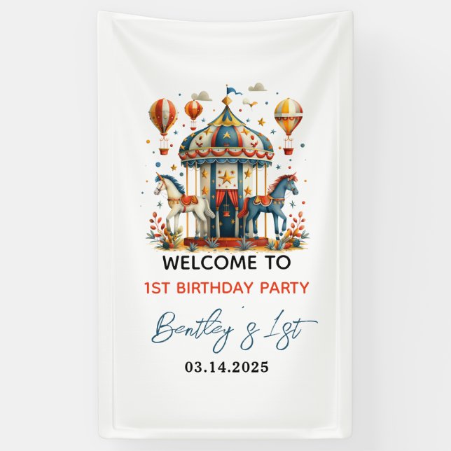Modern Cute Circus Carnival Fiesta First Birthday Banner (Vertical)