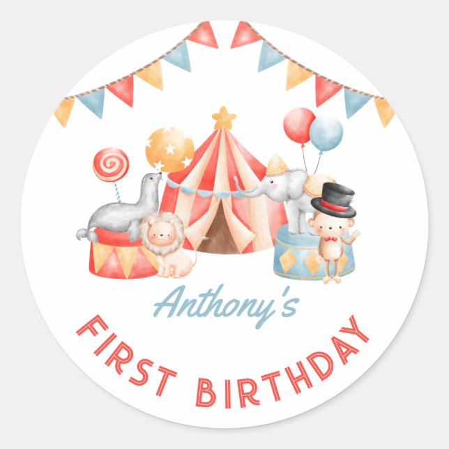 Modern Cute Circus Carnival Fiesta First Birthday Classic Round Sticker (Front)