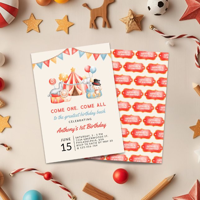Modern Cute Circus Carnival Fiesta First Birthday Invitation (Creator Uploaded)