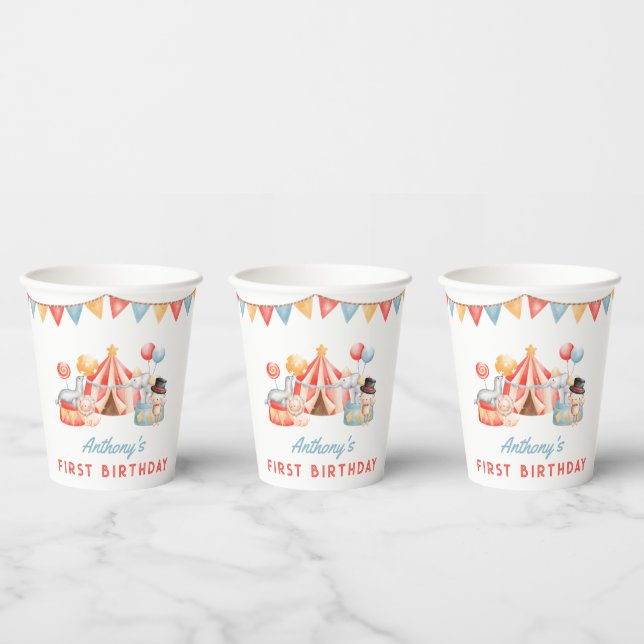 Modern Cute Circus Carnival Fiesta First Birthday Paper Cups (Multi)