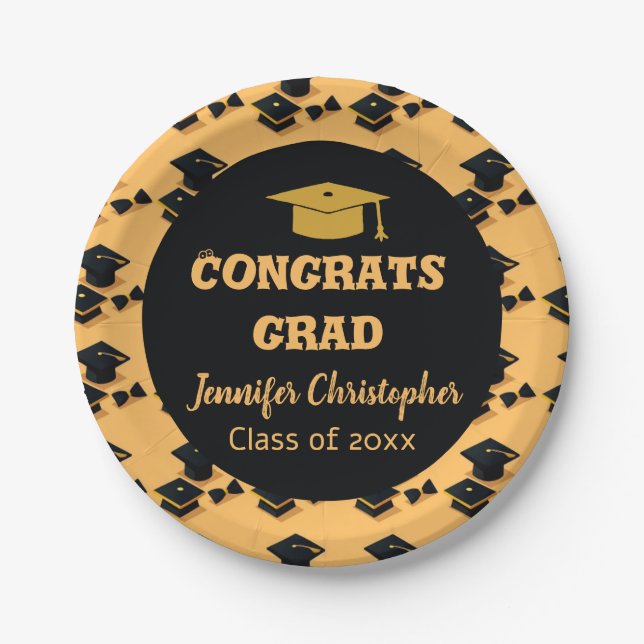  Modern Cute Classic Black & Yellow Graduation  Paper Plate (Front)