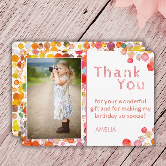 Modern Cute Colourful Blots Kids Photo Birthday Thank You Card (Creator Uploaded)