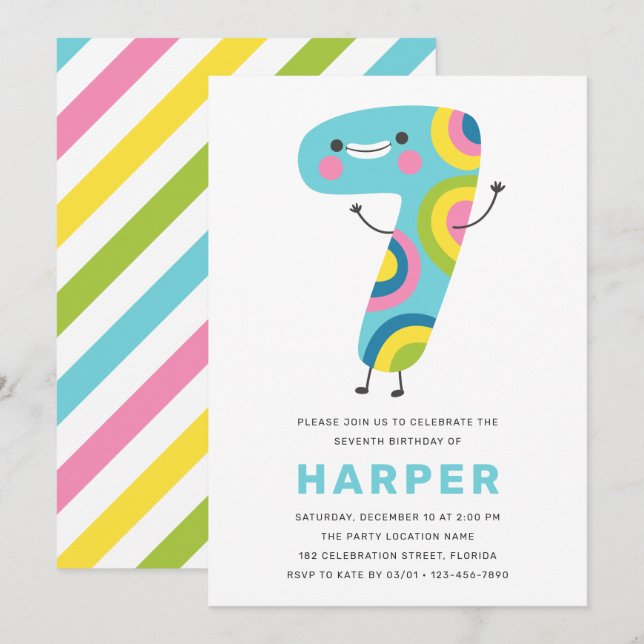 Modern Cute Colourful Fun Kids 7th Birthday Invitation (Front/Back)