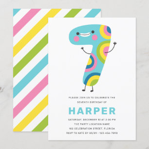 Modern Cute Colourful Fun Kids 7th Birthday Invitation