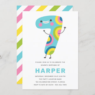Modern Cute Colourful Fun Kids 7th Birthday Invitation
