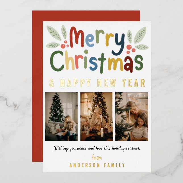 Modern Cute Colourful Merry Christmas Family Photo Foil Holiday Card (Front/Back)
