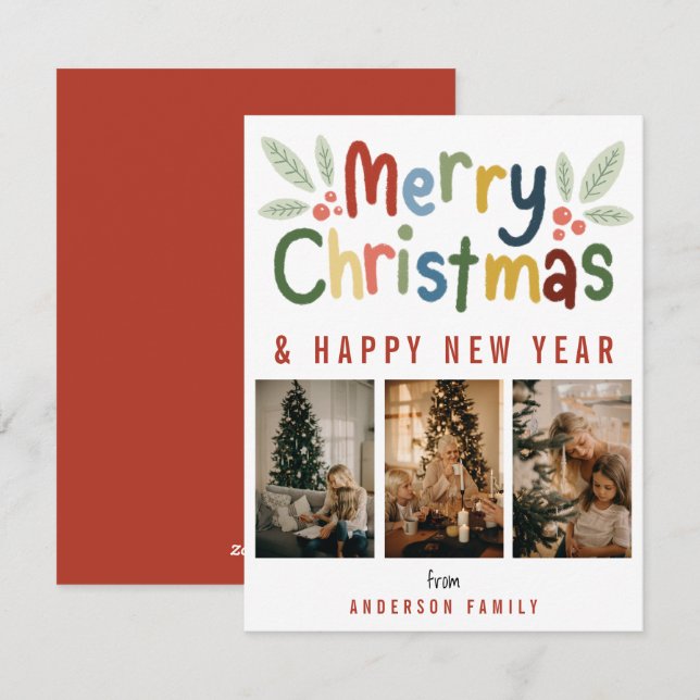 Modern Cute Colourful Merry Christmas Family Photo Holiday Card (Front/Back)
