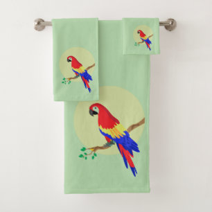 Modern Cute Colourful Parrot on Light Green Bath Towel Set