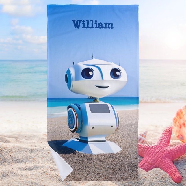 Modern Cute & Colourful Robot Boys  Beach Towel (Creator Uploaded)