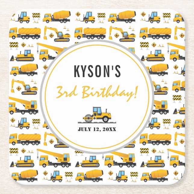 Modern Cute Construction Trucks Boy Birthday Square Paper Coaster (Front)
