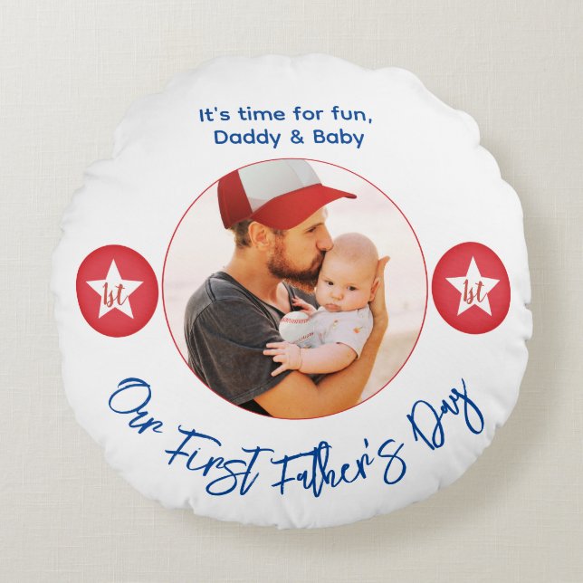 Modern Cute Cool Keepsake Photo First Fathers Day Round Cushion (Front)