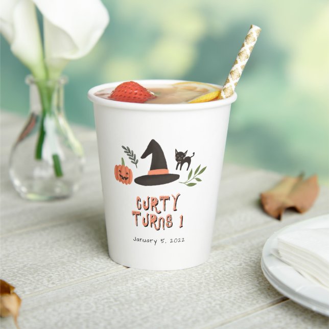 Modern Cute Creepy Halloween First Birthday Orange Paper Cups (Insitu)