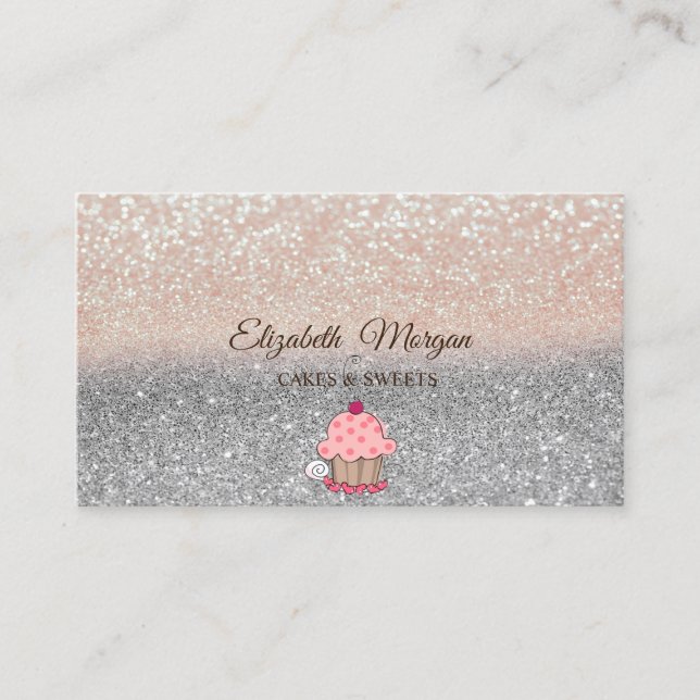 Modern Cute Cupcake, Glitter Ombre Business Card (Front)