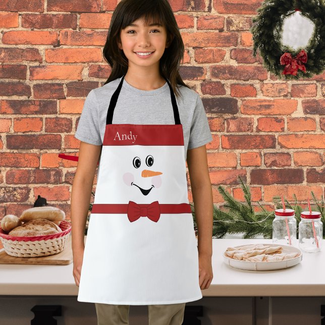 Modern Cute Custom Snowman face apron bow tie red (Creator Uploaded)