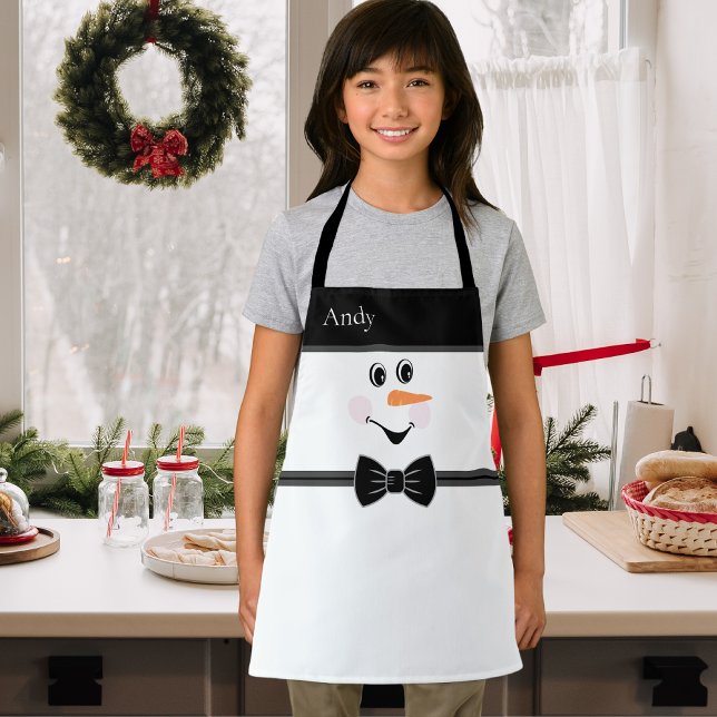 Modern Cute Custom Snowman face Black Bow Tie Apron (Creator Uploaded)